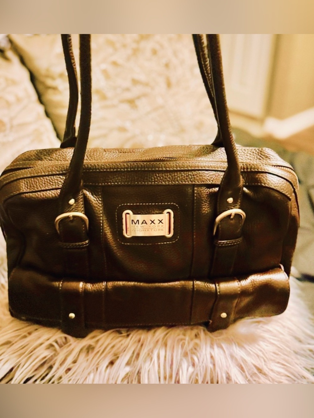 Maxx New York Signature Chesnut Pebble Leather Satchel w/ Animal Print Lining